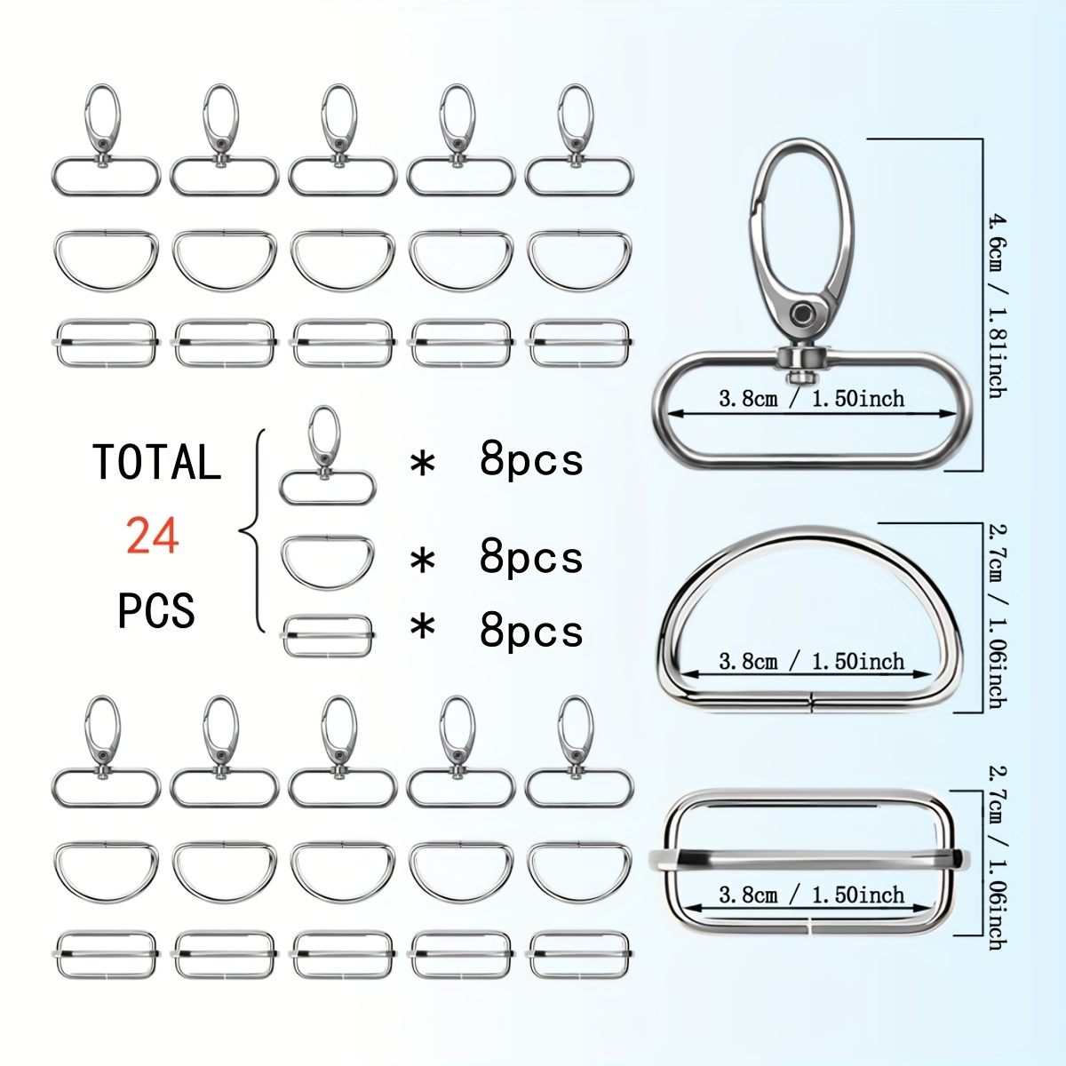 24pcs Wallet, Handbag, Luggage Hardware Additions Set (oval Ring Rotatable Lobster Clasp Hook And D-ring And Tri- Sliding ), Metal Material, Sturdy And Durable, And Multi-specification Options