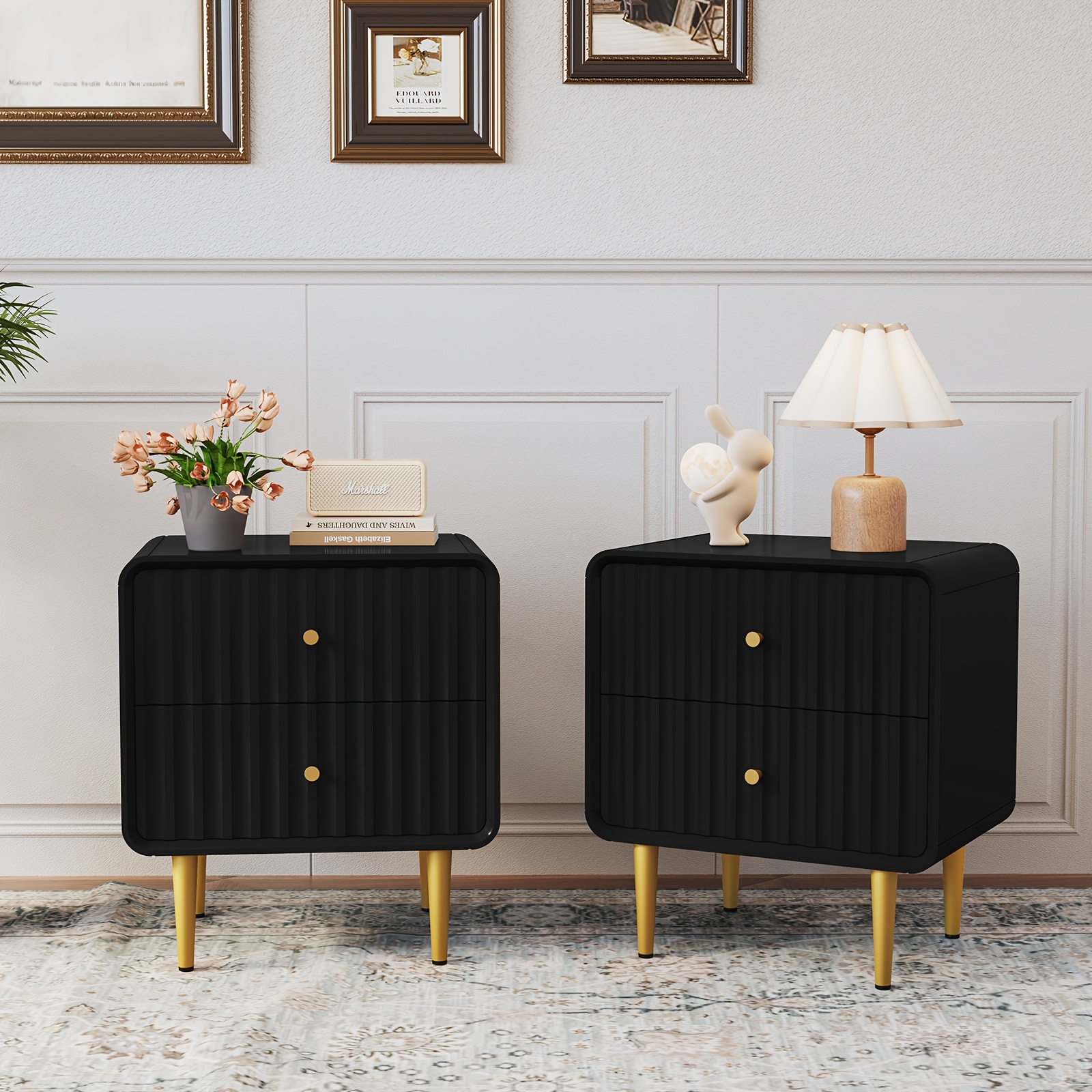 Image of Modern Bedside Table, Bedside Cabinet With 2 Drawers, Ribbed Bedside Table, Wooden Bedside Cabinet With For Bedroom, Living Room