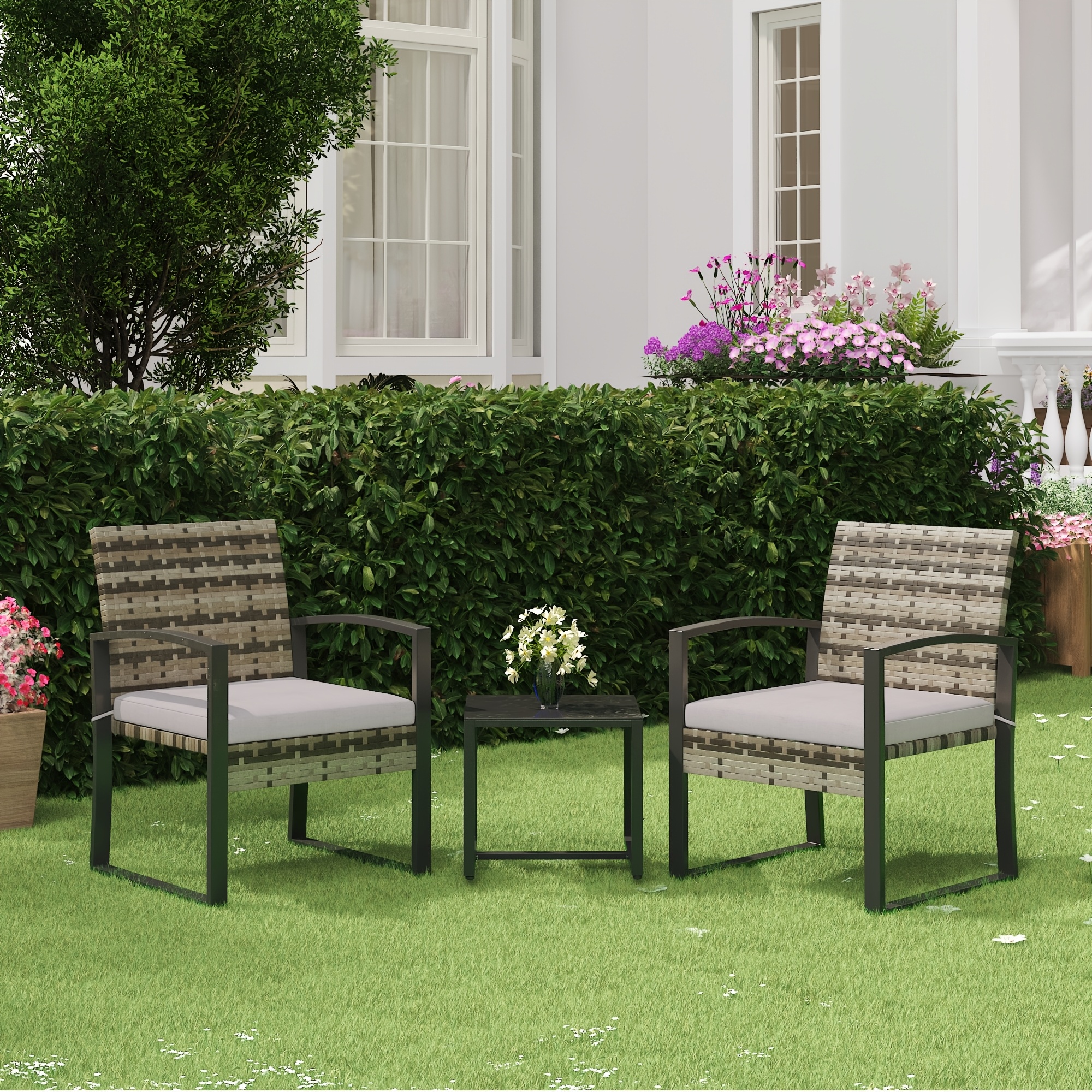 Bezseller 3pcs Outdoor Furniture Set, Rattan Bistro Set with Coffee Table, Sturdy Steel Frame with Cushions for Garden, Balcony, Poolside, And Backyard