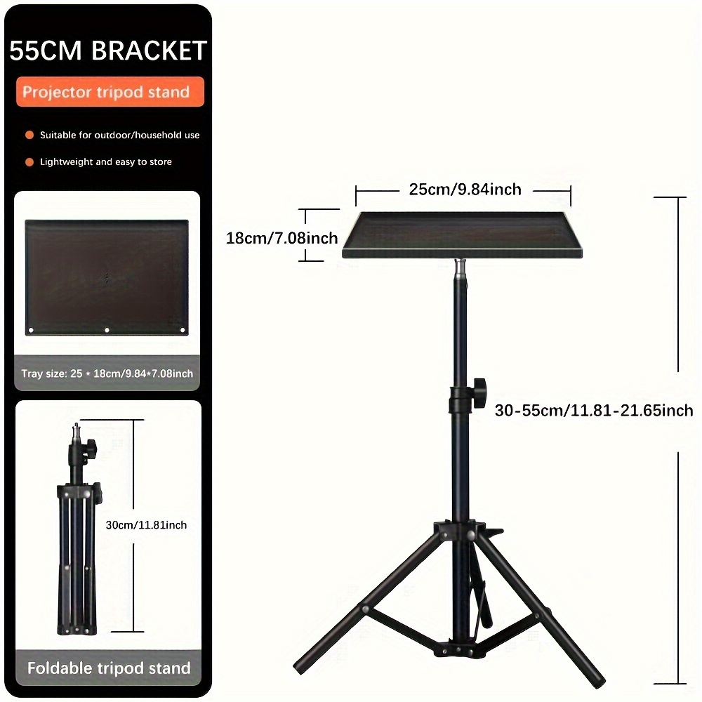 

Adjustable 1.6m Projector Stand With Tray - Iron Bracket, Three-legged Design, Foldable, Sturdy For Laptops, Projectors, No Power Or Batteries Needed