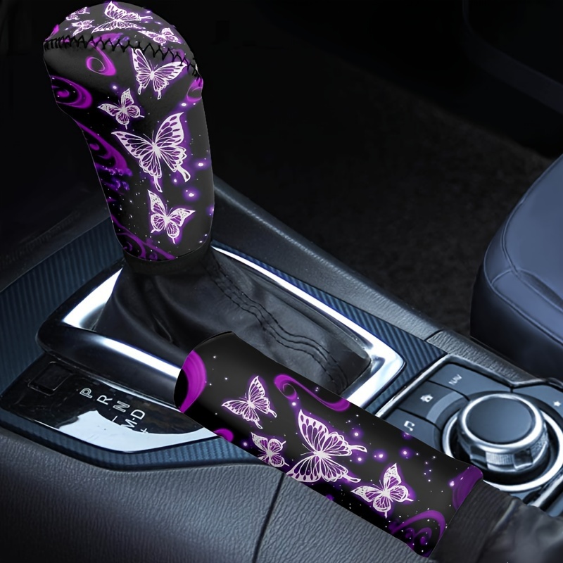 

Purple Butterfly Gear Shift Knobs & Handbrake Cover Set Of 2 Pieces Auto Accessories Case Sleeve Universal For Suv Van Truck Sedan Hand Break Protect