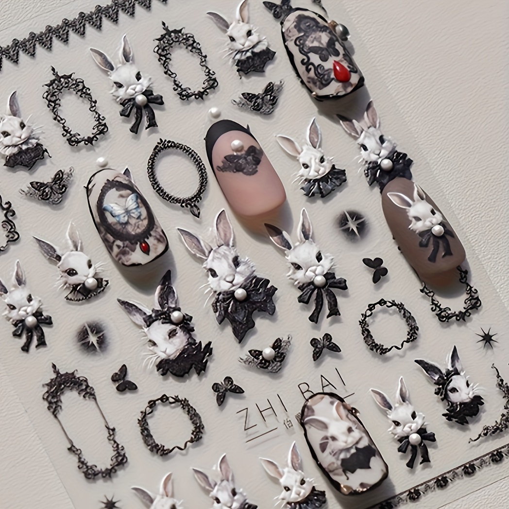 TEMU 5d Cartoon Rabbit In Suit Pearl Embossed Nail Art Stickers, Self-adhesive Polyurethane Decals For Diy Manicure, Animal Theme Irregular Shape Glossy Finish Nail Supplies