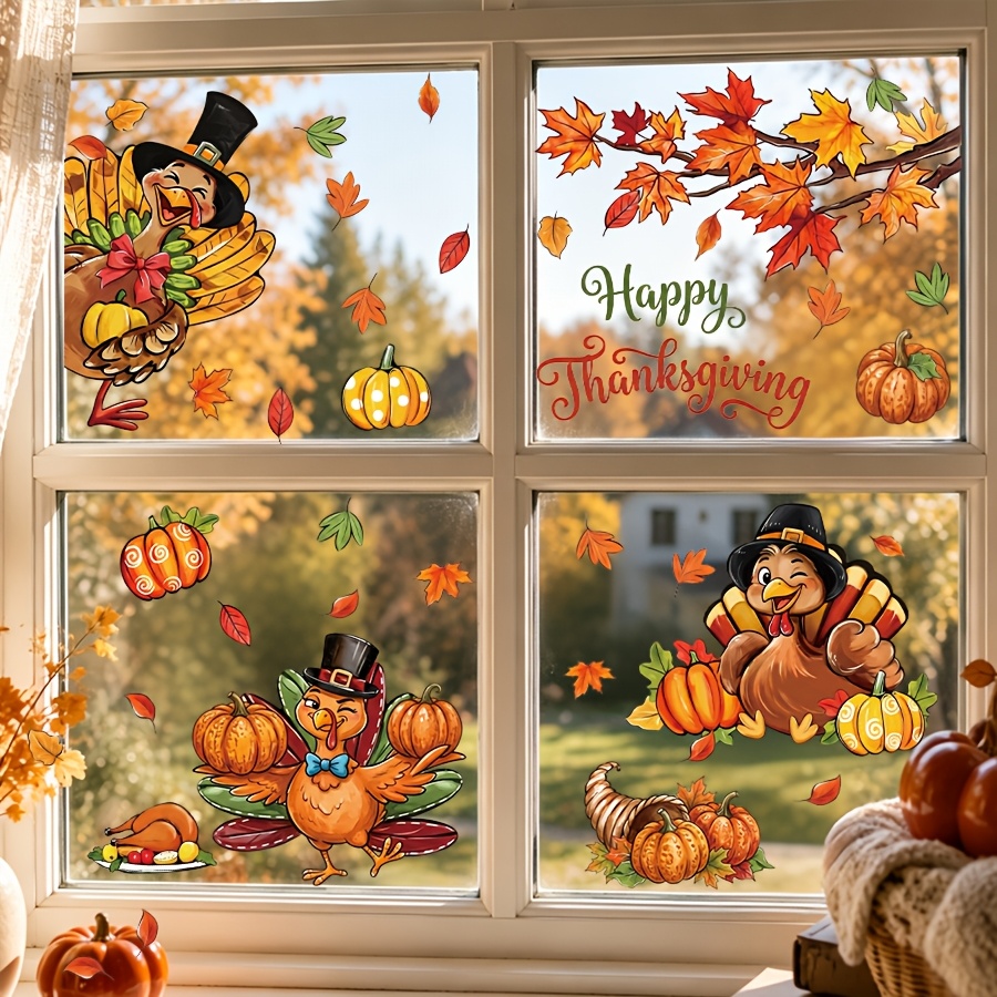 TEMU 1set/4pcs Turkey Window Sticker, Cute Thanksgiving Turkey Pumpkin Maple Leaf Happy Thanksgiving Letter Fall Static Window Cling, Double-sided ,