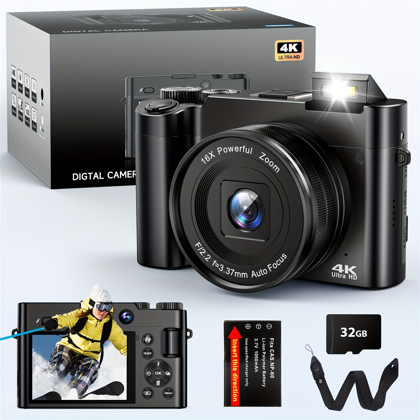 TEMU Stuogyum 64mp 4k Digital Camera With Front & Rear Dual Cameras, , Flash Light, 16x Digital Zoom, 6-axis Stabilization, Large 3.2" Screen,