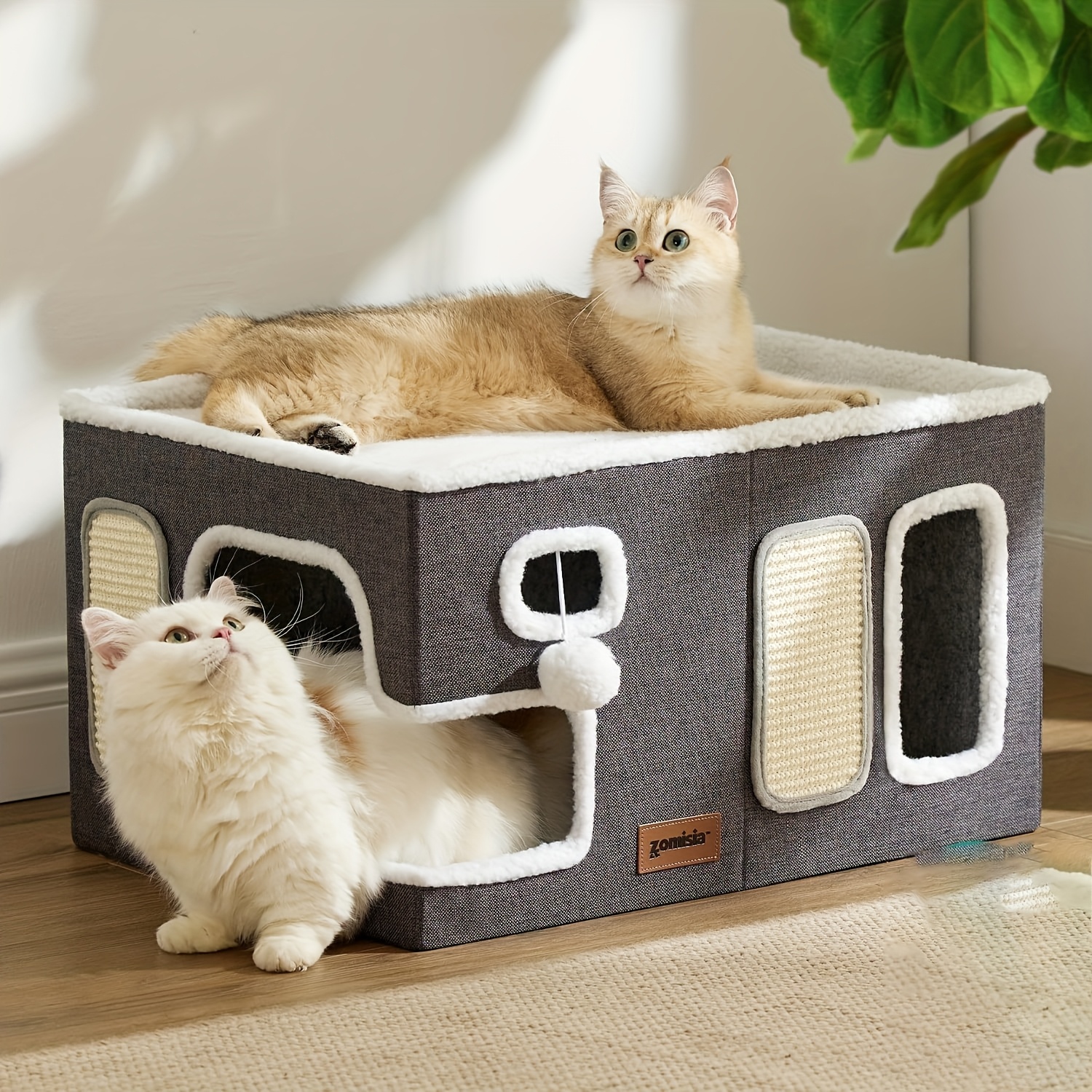 Extra-Wide Modern Gray Cat House with Plush Scratch Pad Foldable  Indoor Cat Condo for Multi-Cat Households Design, Easy Assembly,  Multi-Cat