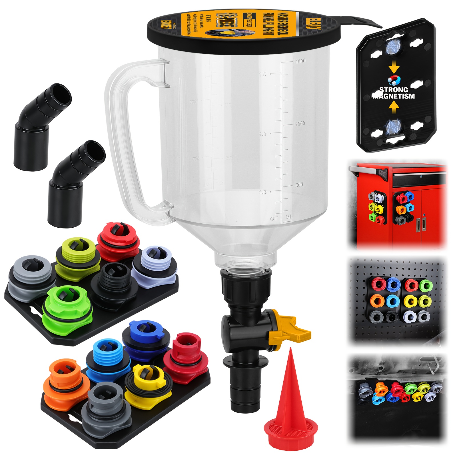 Image of [automotive Oil Funnel] Elead 18pcs Engine Oil Funnel Set | 1.36 Quart Automotive Oil Funnel Kit With 12 Adapters, Elbow Additions Magnetic Storage Hook Tray, Universal Compatible, Color Scheme