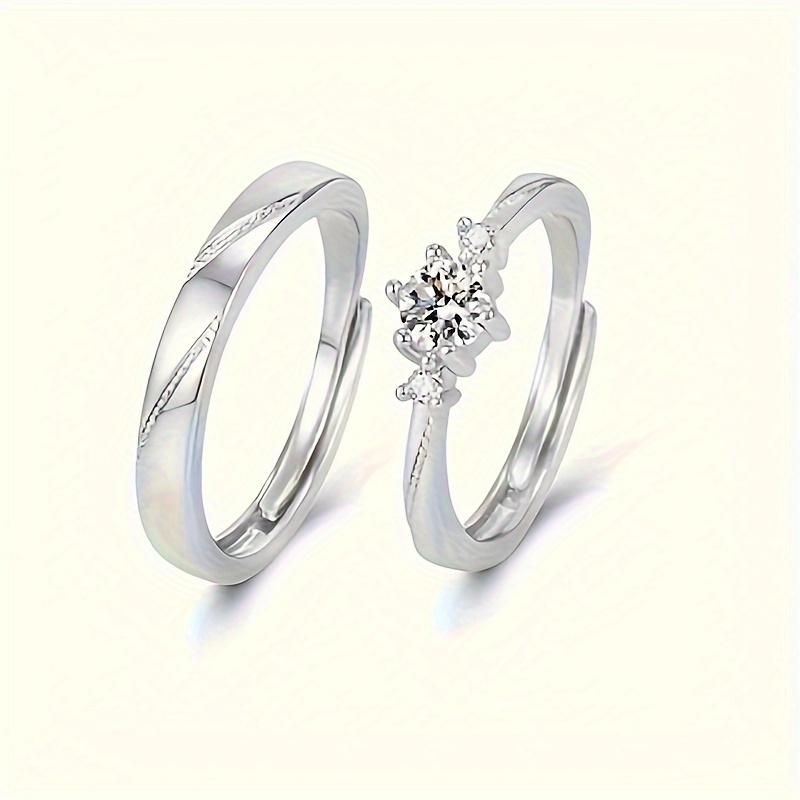 TEMU 1 Pair Romantic Couple Rings - 6-prong Synthetic Synthetic Zirconia Open Adjustable Bands With Accents, Unisex Wedding Engagement Anniversary