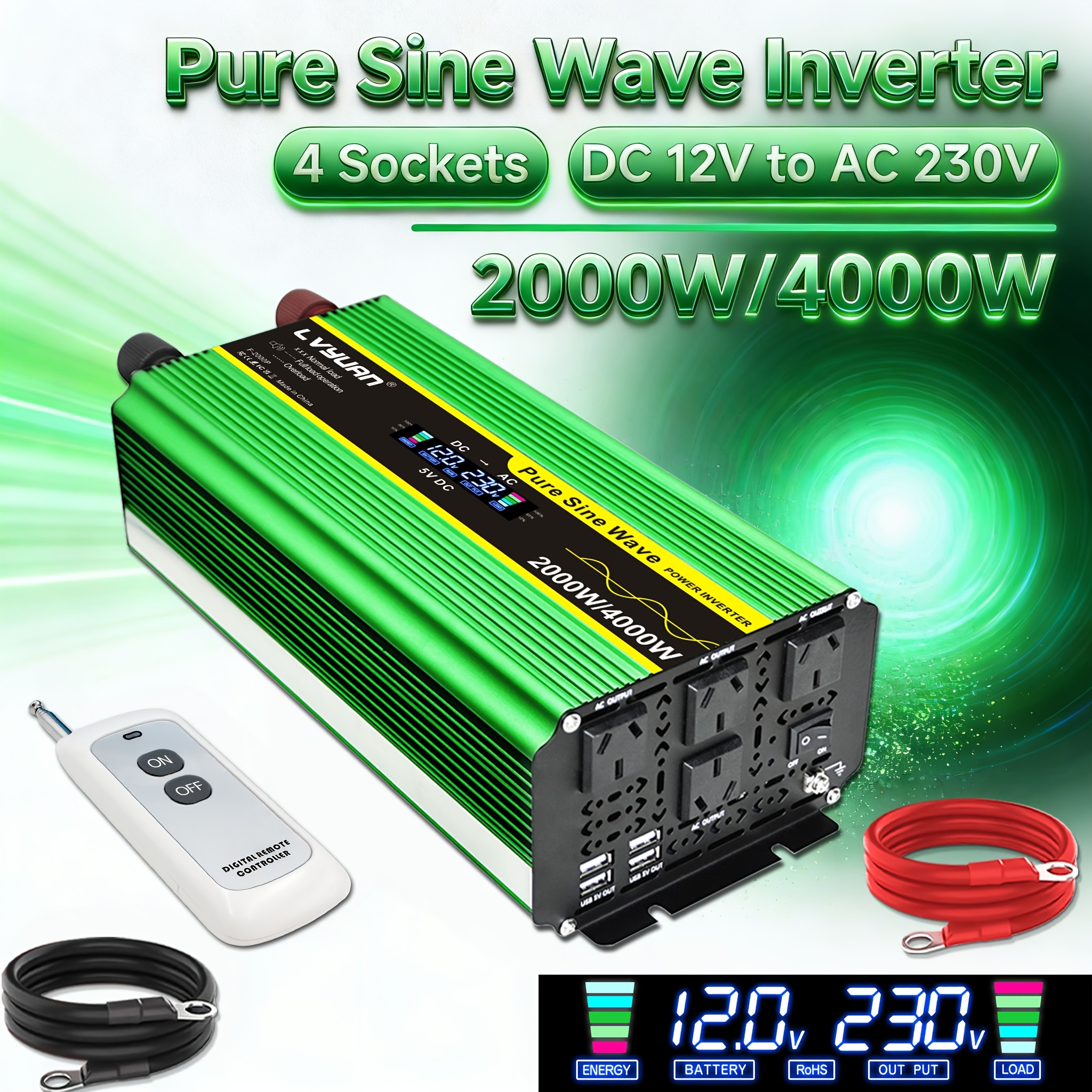 TEMU 2000w/4000w () Pure Sine Wave Inverter 12v To 230v-240v To Ac (with Ac Outlet, Lcd Display, Wireless Remote Control, Usb Charging Port), Car