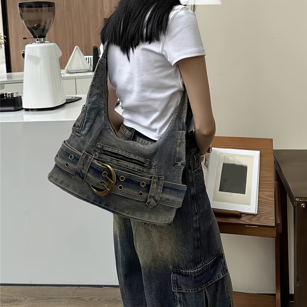 

Denim Material Washed Shoulder Bag, Adjustable Buckle Decor Crossbody Bag, Niche Retro Style Satchel Bag