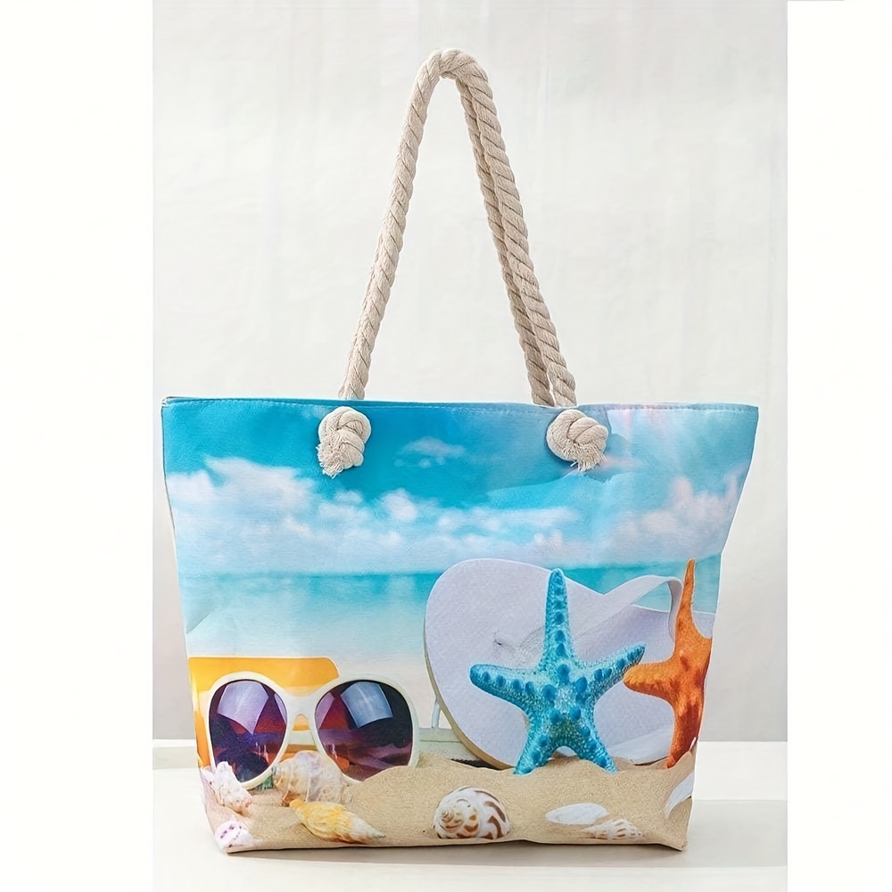 

Large Beach Tote Bag For Women, Fashion Print With Starfish And Shells Design, Shoulder Carry Summer Travel Beach Bag