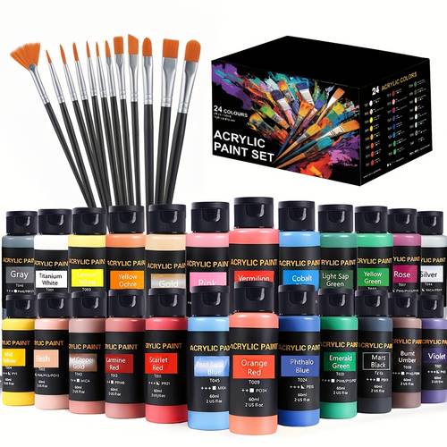 beginner friendly painting art supplies 24 colors with 12 art brushes premium paint for artworks crafts rich long lasting pigments for canvas ceramic fabric ideal for hobbyists professional artists perfect