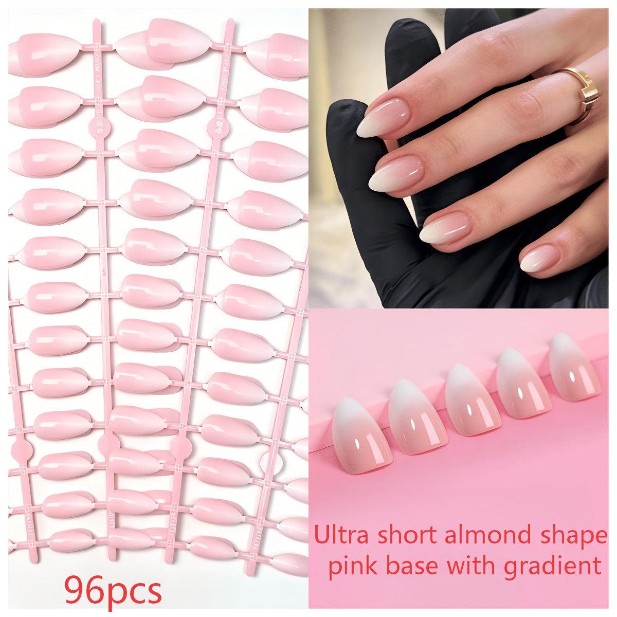 TEMU Lot de 96 faux ongles courts d' à poser — Kit d'ongles artificiels dégradés naturel, ongles en acrylique réutilisables pour femmes, un