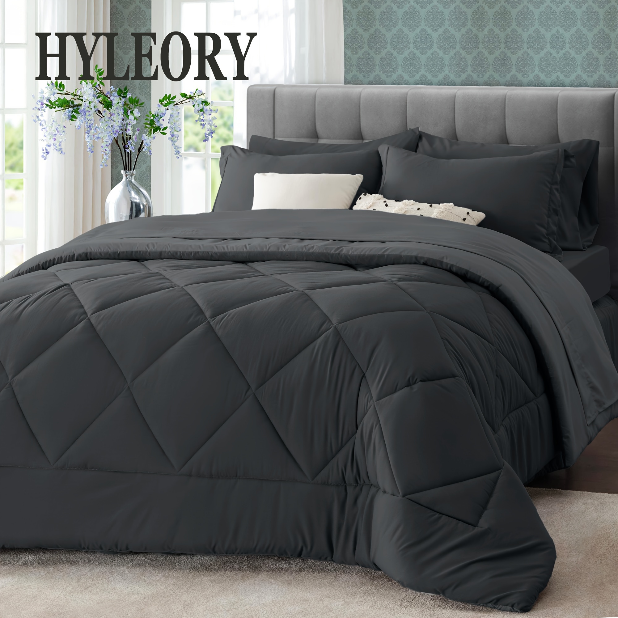 

Hyleory Dark Grey King Size 200gsm Comforter Set - 7 Pieces Reversible Bed In A Bag Bedding Set For Bedroom All Season With Comforter, Flat Sheet, Fitted Sheet, 2 Pillow Shams, 2 Pillowcases