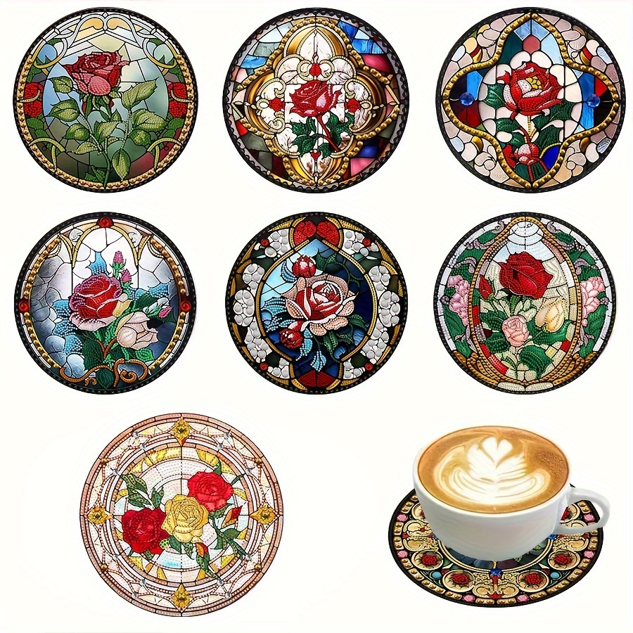 

8pcs, Coasters Set, Colorful Painting Floral Pattern Imitation Wood Coasters, Retro Style Flower Series Coasters, Heat Insulation Mat, Non-slip Table Mat, Kitchen Supplies, Home Decoration