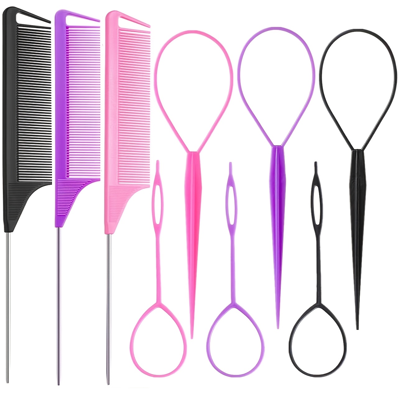 TEMU 9pcs Topsy Hair Tail Tool And Rat Tail Comb Set, 6pcs French Braiding Tool Ring, 3pcs Metal Parting Combs, Woman Hair Styling ( Pink, Purple,