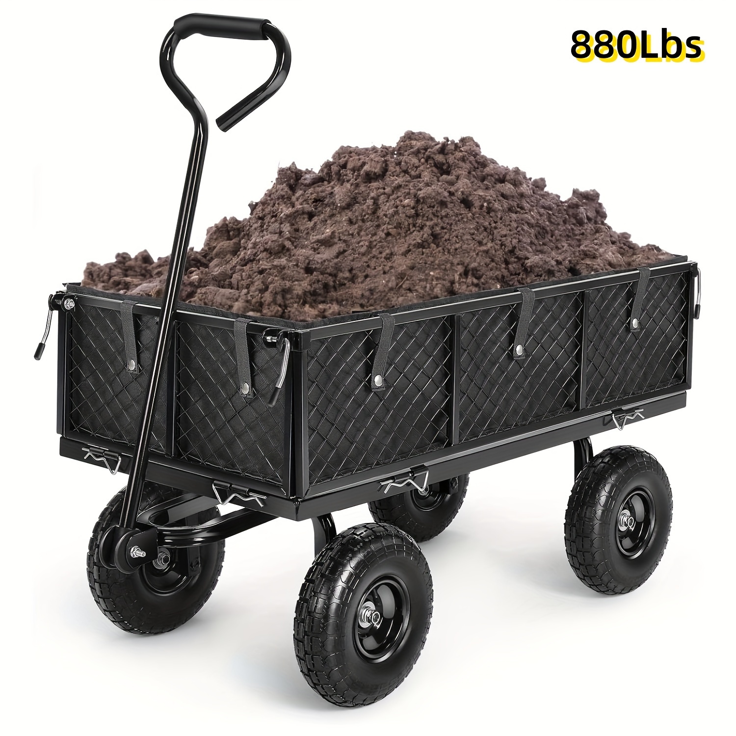 

Steel Garden Cart, Heavy Duty 880 Lbs Capacity With Removable Mesh Sides To Into , Utility Metal Wagon With 180° Rotating Handle, Garden Beach Farm, Black