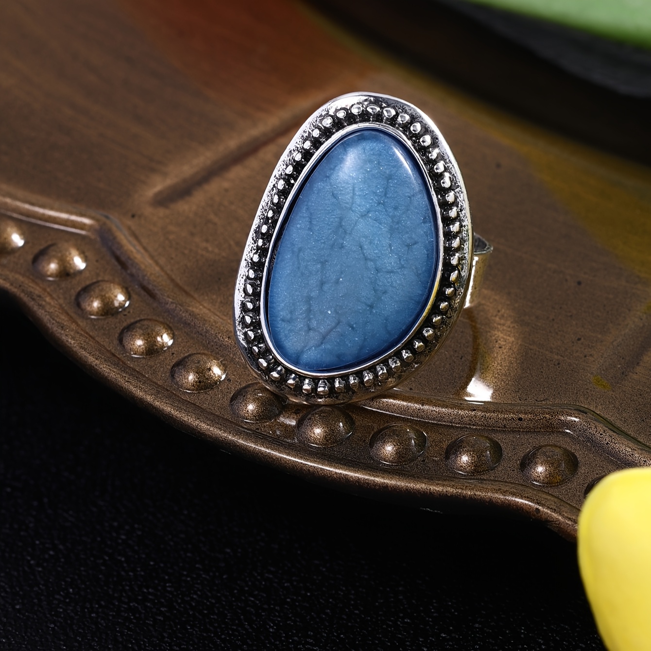 TEMU 1pc Of Women's Retro Alloy Geometric Inlaid Blue Resin Adjustable Ring Suitable For Daily Dances, Dinners, Jewelry Gifts