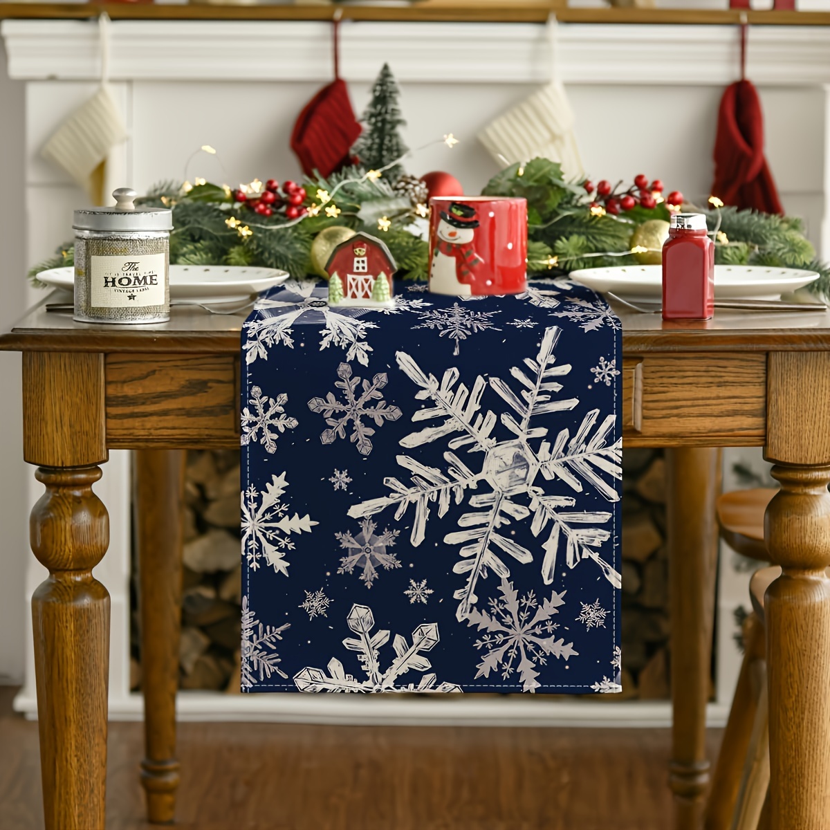 

Navy Blue Snowflake Christmas Table Runner - 100% Polyester Rectangular Holiday Dining Decor For Indoor & Outdoor Festive Gatherings, Woven Table Linen, Elegant Seasonal Decoration