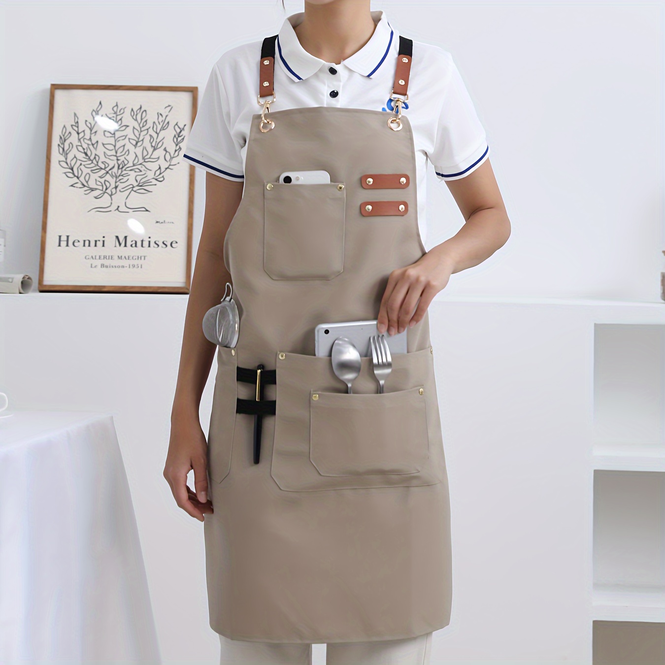 TEMU 1 delantal de poliéster, diseño de , y transpirable, bolsillos, ideal para restaurantes, cocinas y otras ocasiones, delantal moderno