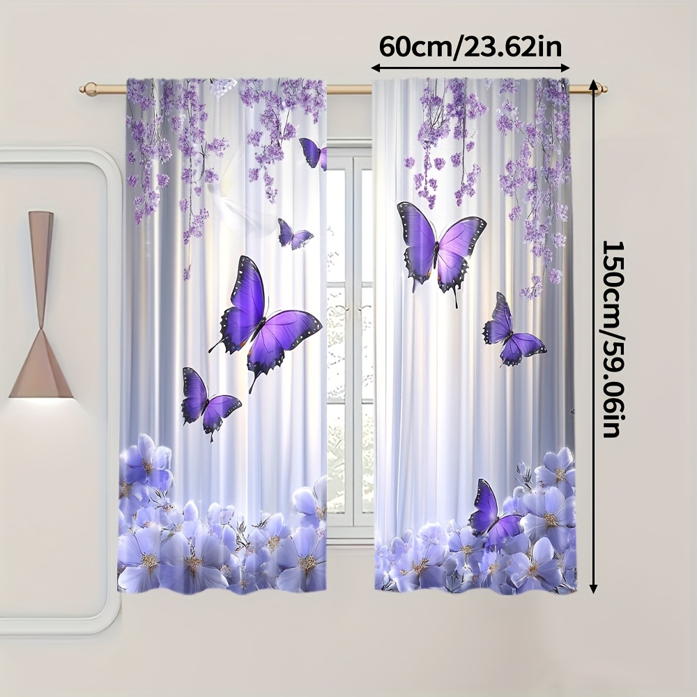 TEMU 2pcs, Purple Flower Curtain, Polyester, For Art , Rod Pocket For Living Room Bedroom Study, Decorative Drapes, (without Rod)