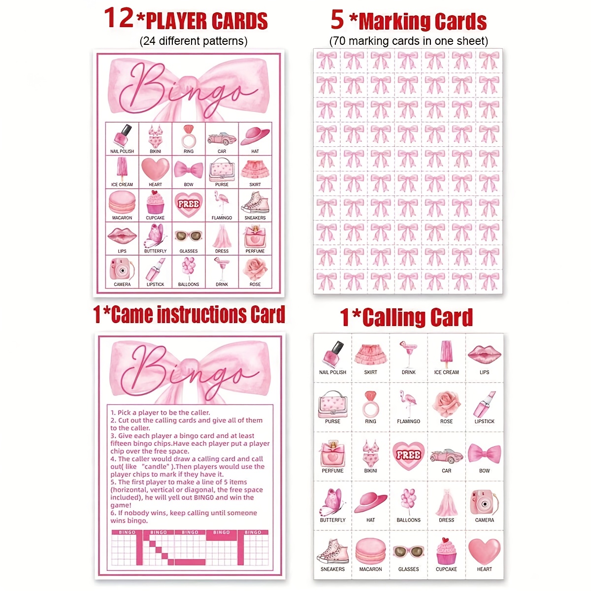 TEMU 33 pièces/set / 19 pièces/set, Cartes de Bingo à Nœud Rose, Jeux de Fête Rose Joueurs, Cartes de Bingo Princesse Poupée, Jeu de Bingo pour