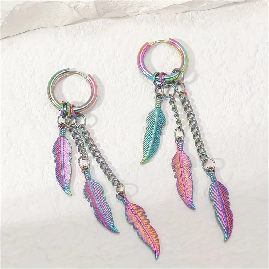 TEMU A Pair Of Creative Colorful Stainless Steel Feather Earrings For Men And Women, Leaf Chain Ear Clips, Trendy Chain Long Earrings, Party Gifts