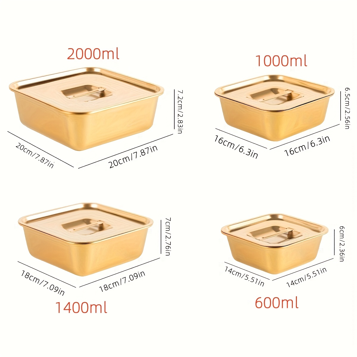 TEMU Ensemble de 4 carrés dorés en acier inoxydable avec couvercle, bol à salade doré en métal avec couvercle, utilisé pour la préparation, le