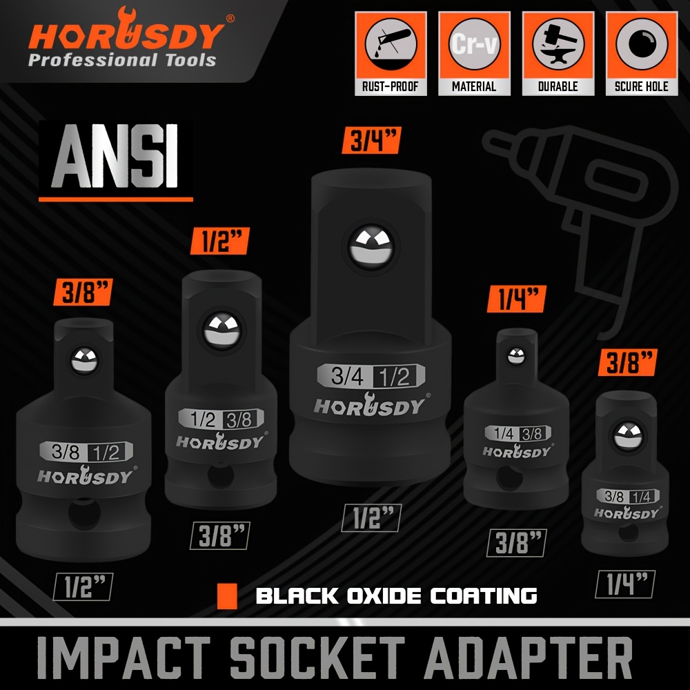 TEMU Horusdy 5pcs Impact Socket Converter Reducer Adapter Set 1/2" 1/4" 3/8" 3/4" /down
