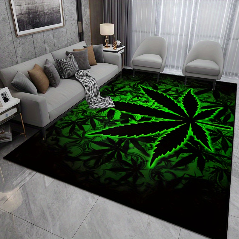 black background fluorescent marijuana leaves halloween 1000g m thick felt rug 15x23 19x31 31x47 39x59 47x63 63x78inches machine washable polyester suitable for indoor and outdoor use       living rooms bedrooms   patio garden and courtyard details 5