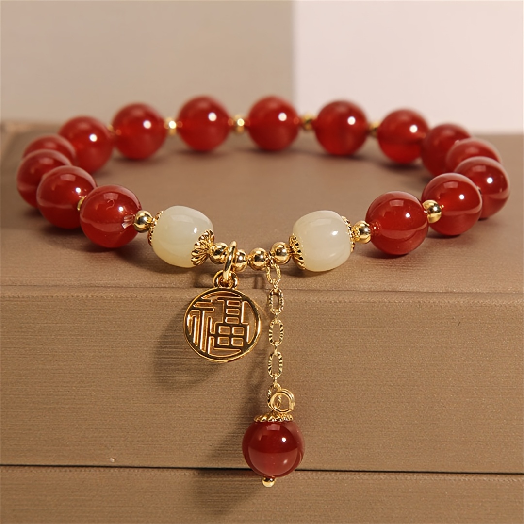 Chinese Lucky Red Bracelet with Fu Charm - Vintage Good Luck Beaded Jewelry for Women, Perfect Gift for Valentines Day/Mothers Day, Daily Wear Spiritual Accessory