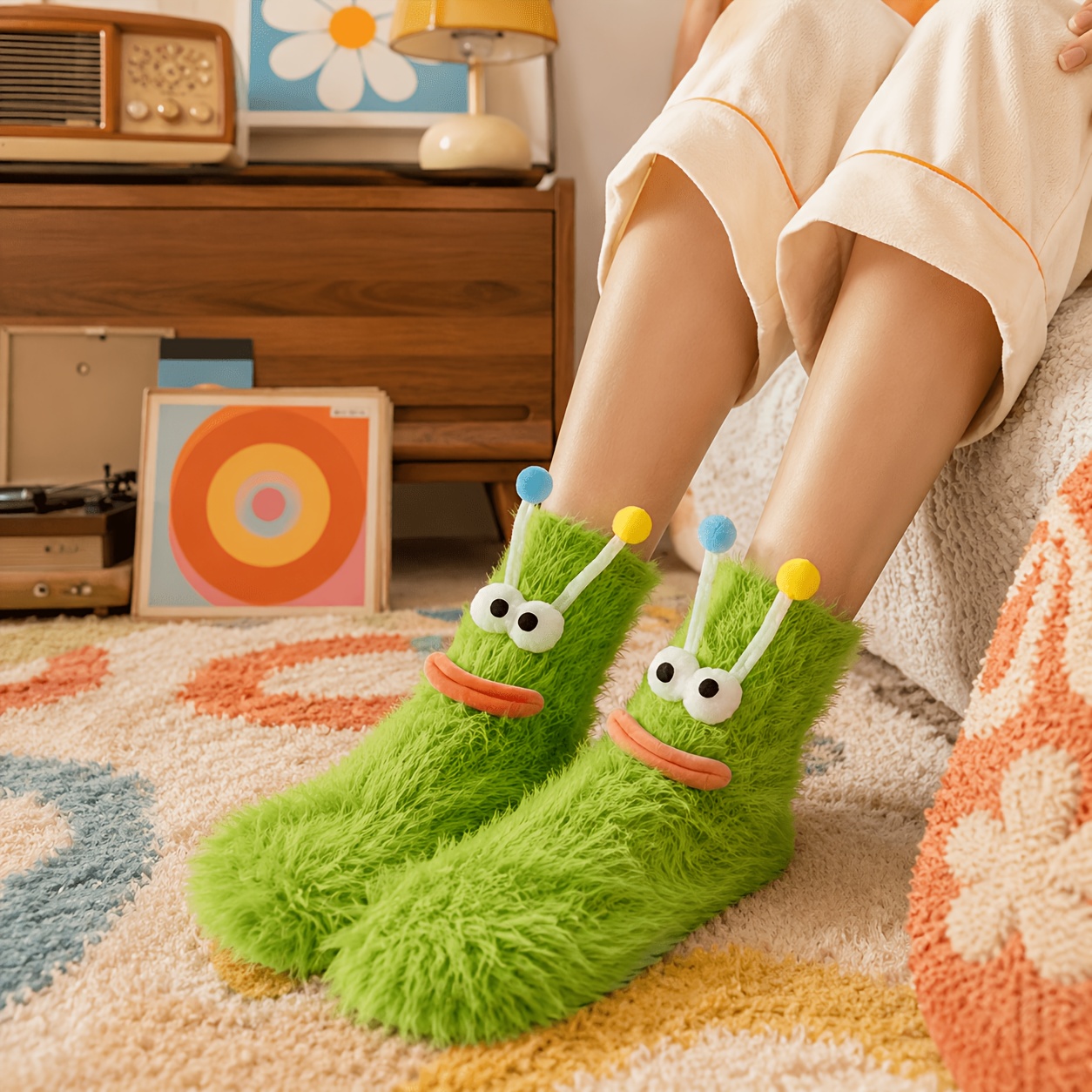 TEMU 1 Pair Women's Fuzzy Socks, Cute 3d Cartoon Socks, Warm Plush Indoor Footwear For Home, Bedroom, Lounging, And Winter Gifts