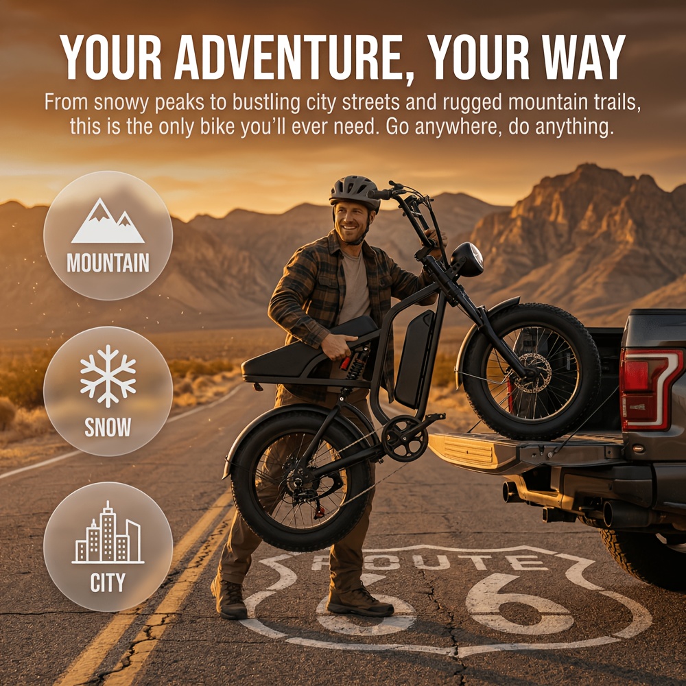 749W Peak Motor 48V 15AH Electric Bike with 37-Mile Range, 27.9 MPH, 20" x 4" All-Terrain Tires, Front Suspension, 7-Speed Shimano, Hydrauli