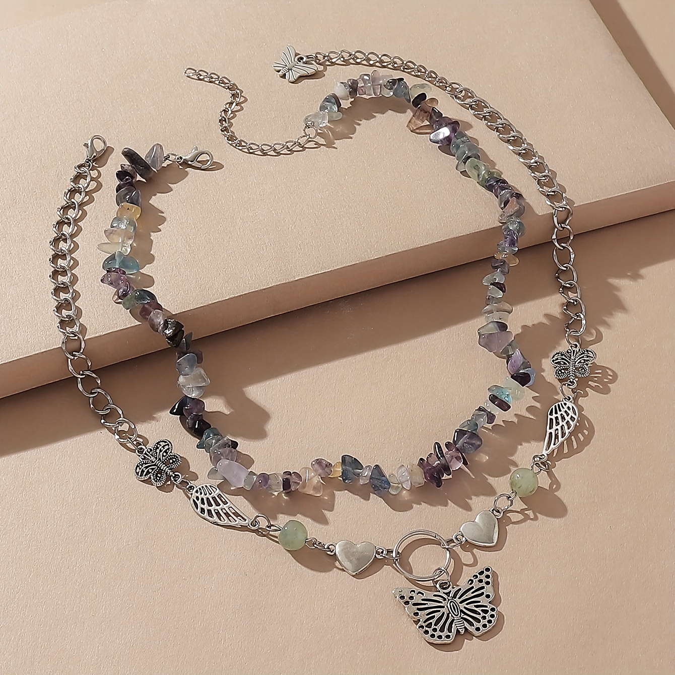 

2pcs/set Bohemian Vintage Creative Natural Stone Beads Butterfly Ladies Pendant Necklace Party Holiday Style Daily Wear Jewelry