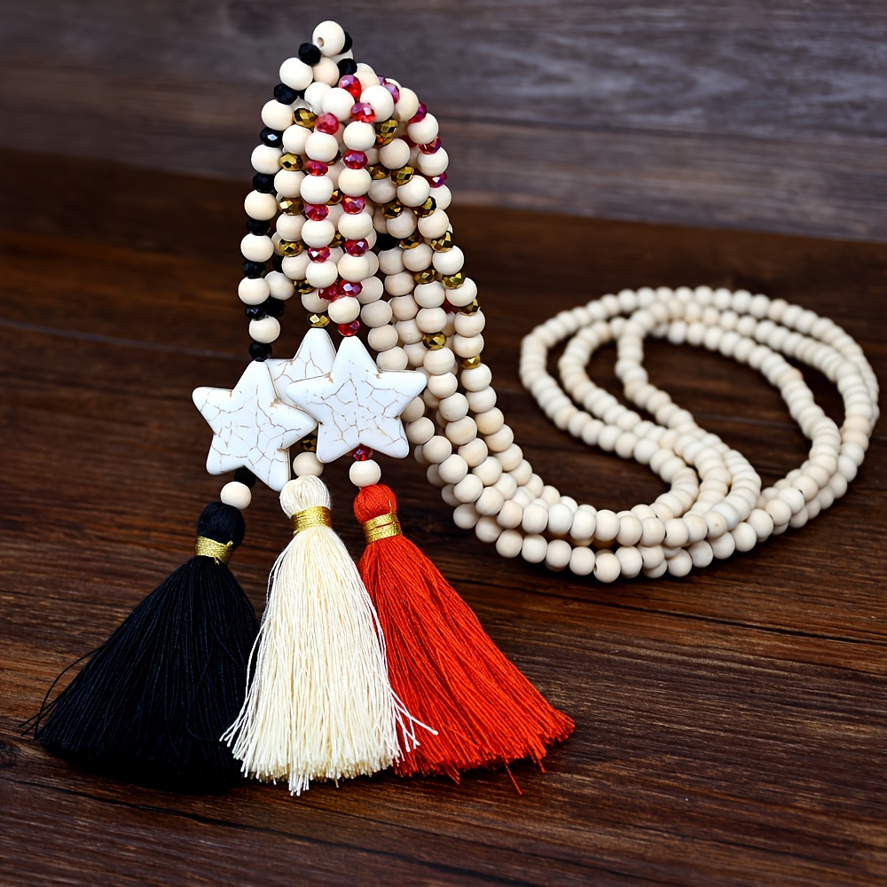 

Vintage White Pine Stone Pentagram Wooden Beads Handmade Beaded Long Necklace Tassel Pendant Boho Sweater Chain Personality Upscale Sense Fashion Jewelry Decorative Accessories