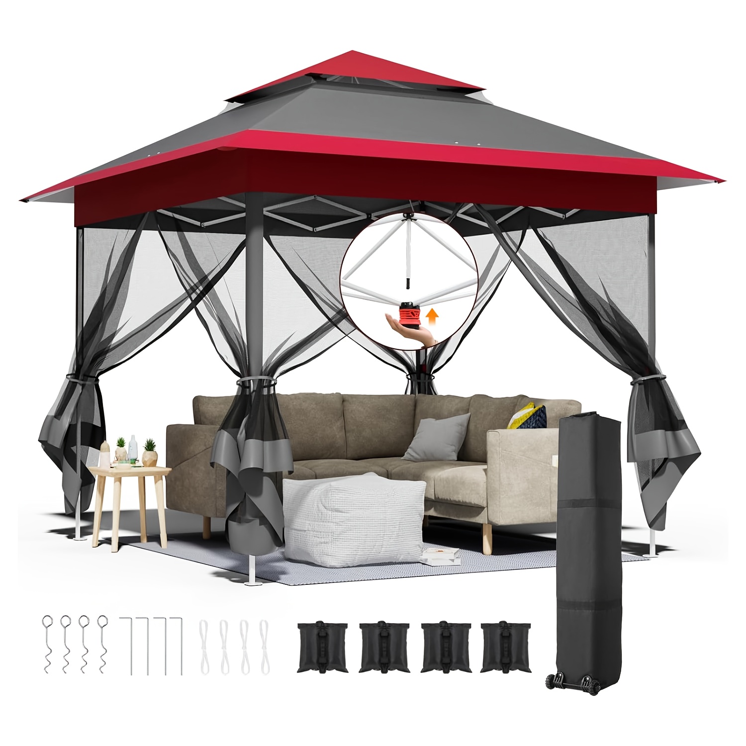 Image of 3.3x3.3 Gazebo With 4pcs Net Side Panels, Folding Repellent Stable, Double Roof Party Tent Uv Protection 50+, Garden Gazebo 4pcs Sandbags, For Patio/market/camping