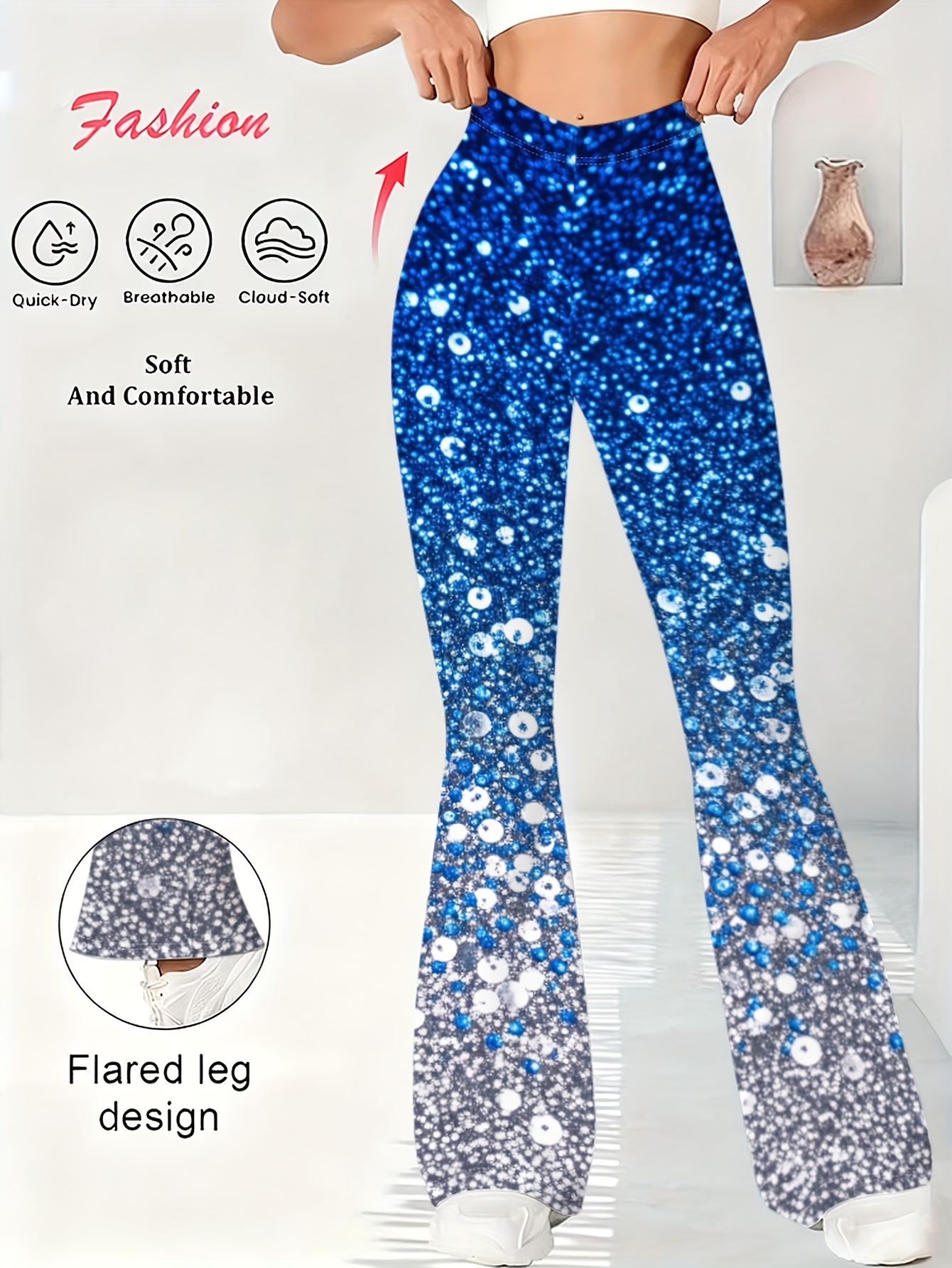 casual and versatile womens high waisted flare pants blue sparkling print elastic flare pants suitable for parties   festivals dances etc stylish wide leg design   casual and fashionable flare pants