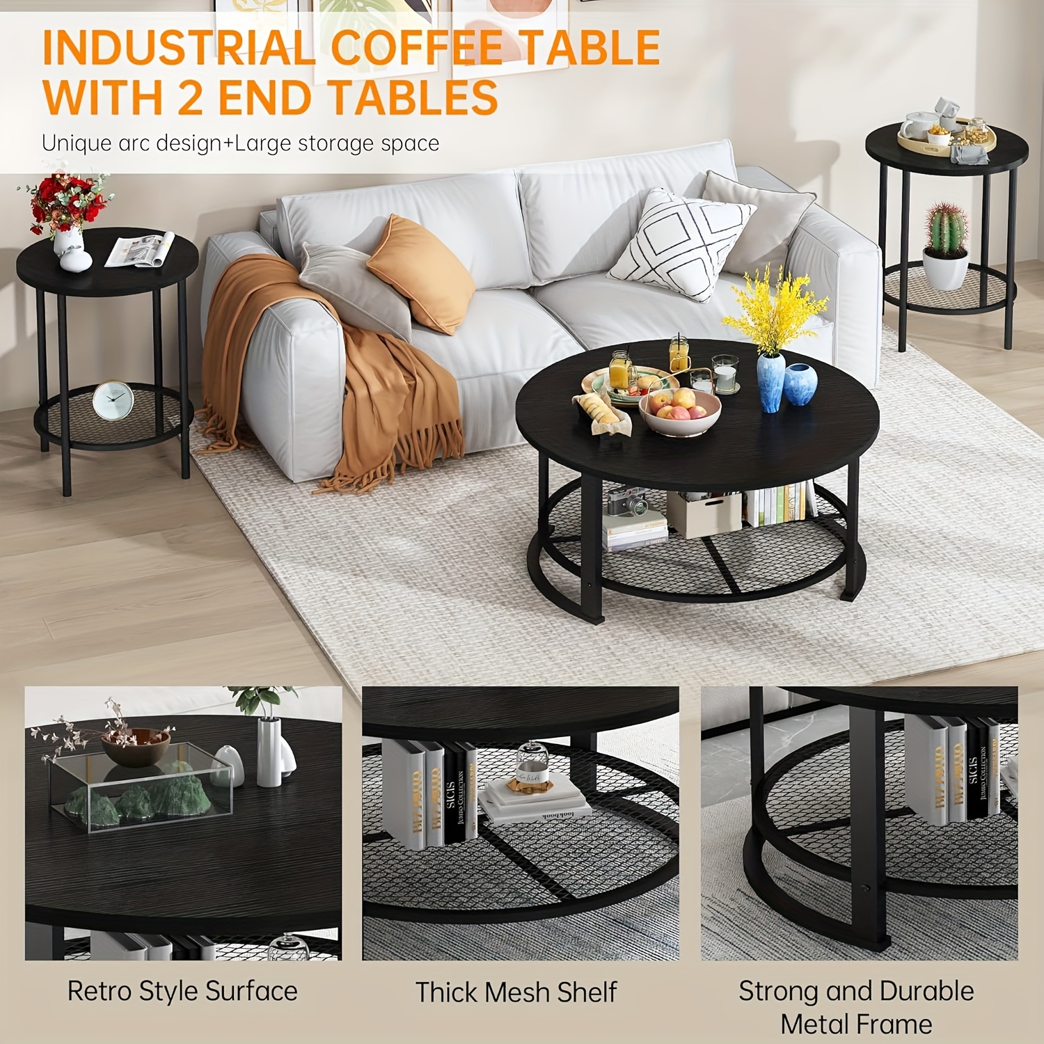 3pcs Coffee Table Set, Modern 3pcs Living Room Table Set, Round Wooden Coffee Table 3pcs, Coffee And End Tables with Open Storage for Office, Living Room, Apartment, Small Space, DKLGG