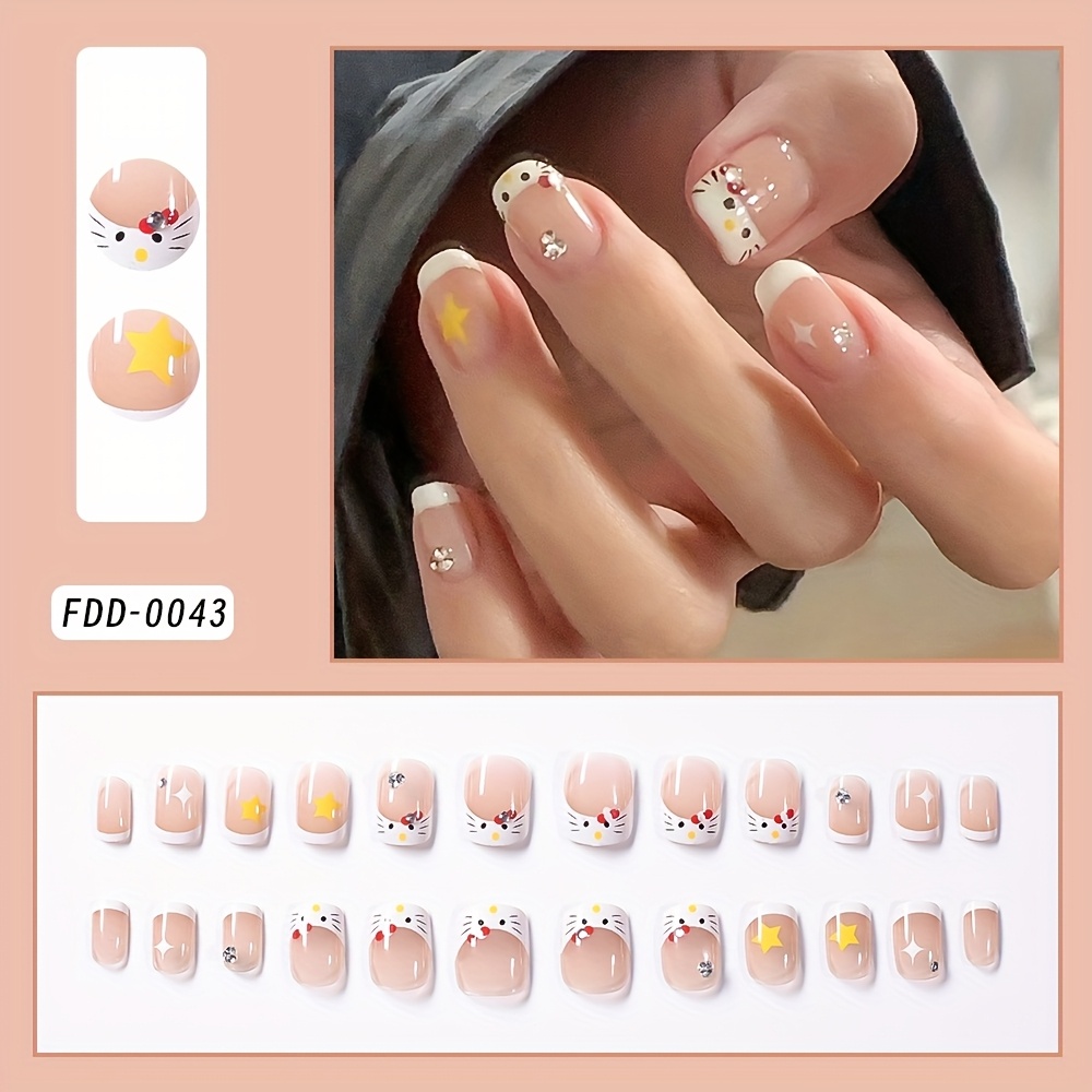 E-shop 24 Stück Sanrio Hello Kitty Aufdrück-Nägel Wraps Kurz Mittel Mandelförmig, Rot & Weiß Glänzende mit Süßen Cartoon Designs Inklusive Sterne &