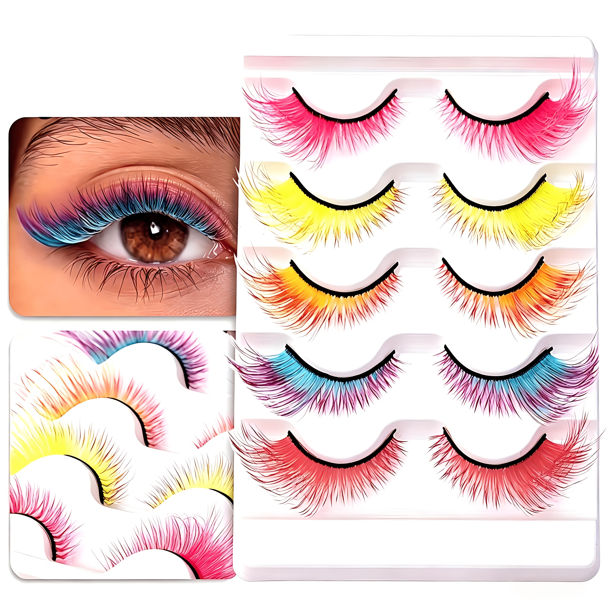 Image of 5 Pairs Colored Lashes Cat Eye False Lashes 5 Colors False Colored Eyelashes, Wispy Mink Lashes With Fluffy Eyelashes Suitable For Halloween, Thanksgiving, Christmas Festivals Cosplay Makeup Tool