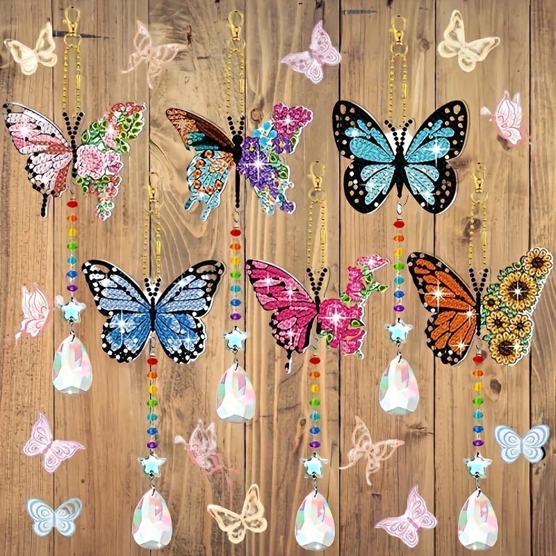 Image of Set Of 6 Colorful Diamond Painting Wind Chimes, Handcrafted Diamond Painting Pendants, Double-sided Pendants, Diamond Painting Set For Home Windows And Gardens