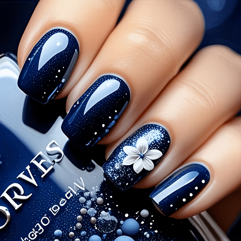 TEMU Upgrade Your Look: 24pcs Press-on Nail Set With , Blue, Pure Desire Style, Versatile And Elegant, Effect, Detachable False Nails For Nail