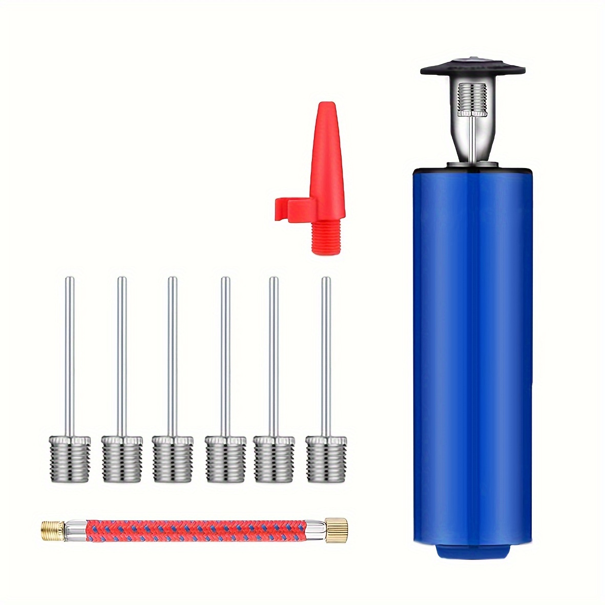 TEMU 10pcs Portable Ball Pump Set With 7 Needles, 1 Nozzle, 1 Hose - Manual Hand Pump For Rugby, Volleyball, Football, Basketball, Swimming Ring & More, Iron Material, Multicolor