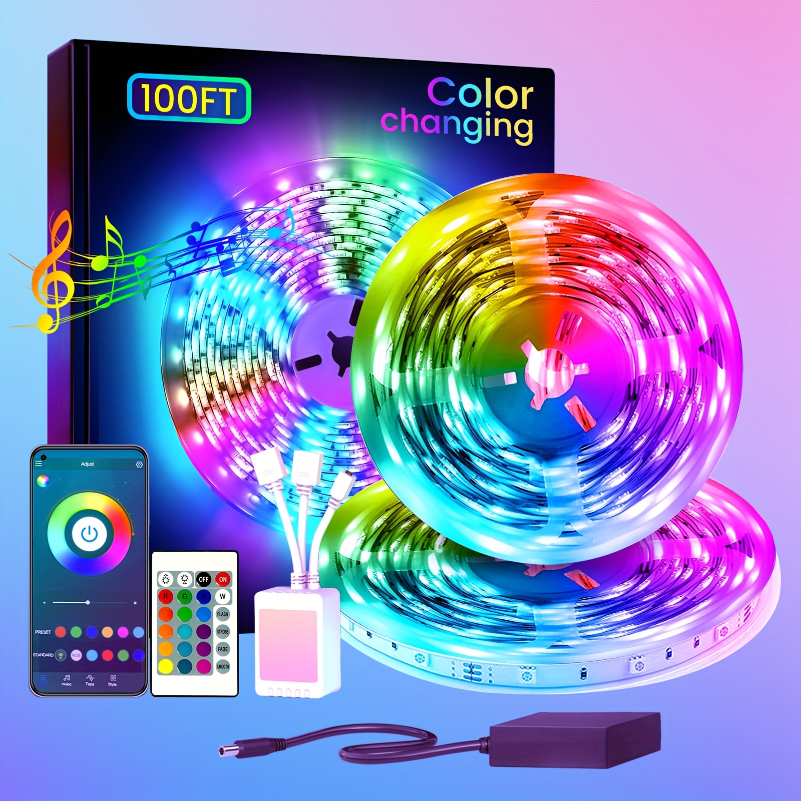 

100ft Smart Rgb Led Strip Lights With Music - Color Changing, Remote & App Control, 24v, Ideal For Bedroom, Living Room, Party & Holiday Decorations, Led Lights For Bedroom