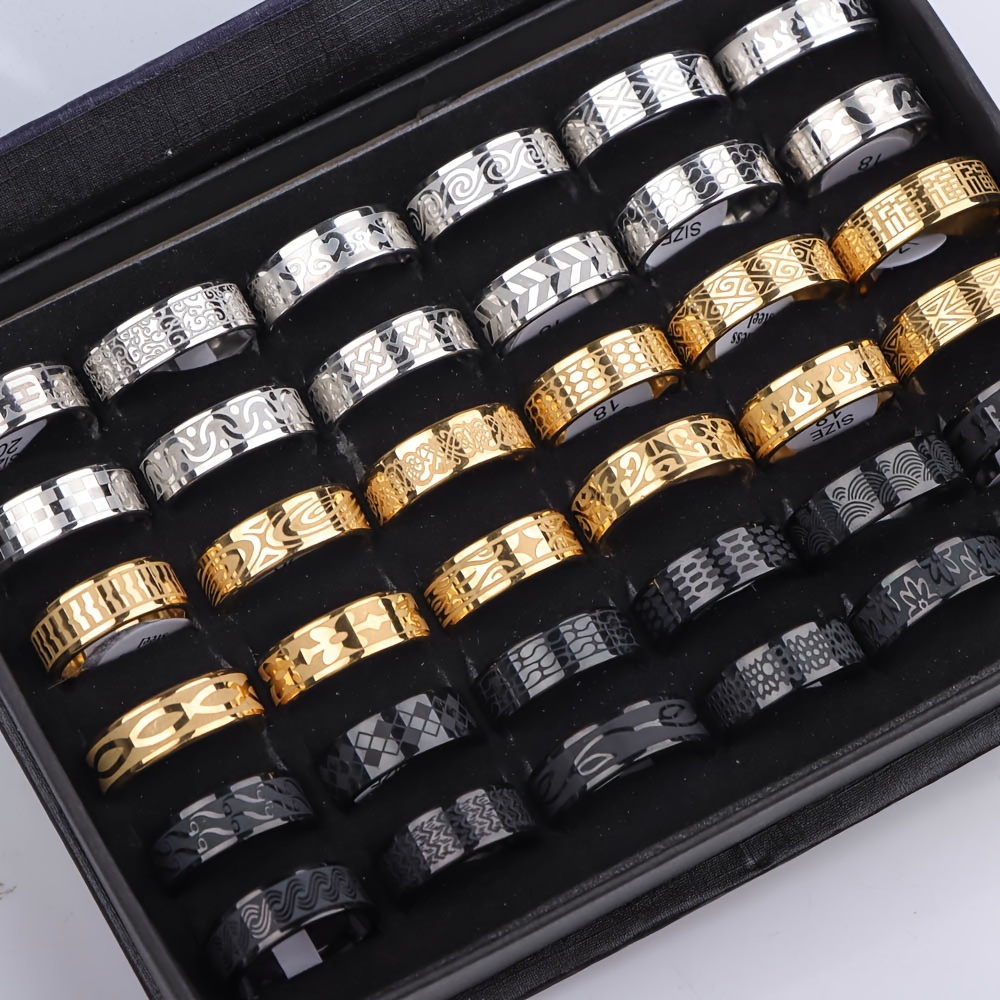 

20pcs/lot Retro Fashion Tricolor Stainless Steel Carved Rings Versatile For Men's Leisure, Daily Jewelry, Party Decoration Gifts, Excluding Boxes