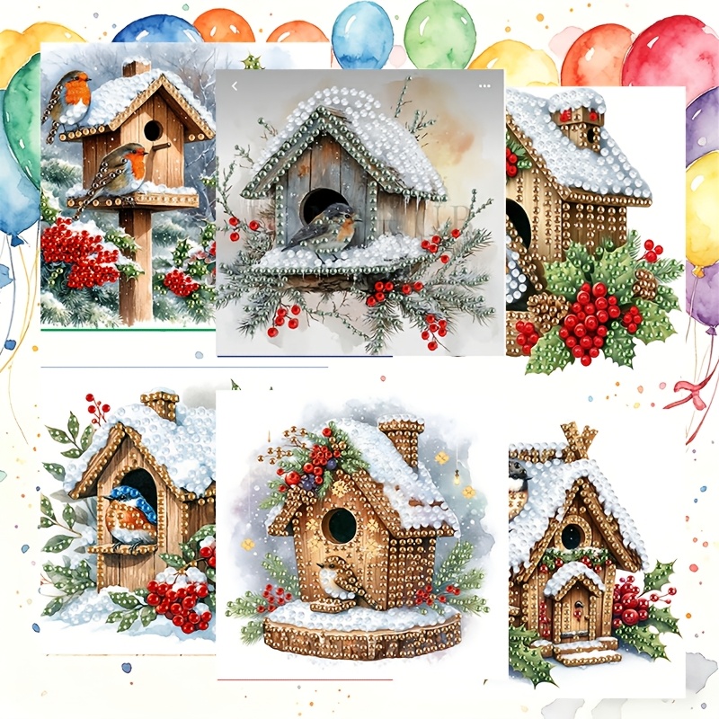 TEMU 6pcs Diy Diamond Painting Greeting Card & Envelope Set - & House Mosaic Art Suitable For Birthdays, Holidays, Handmade Craft Cards With Round