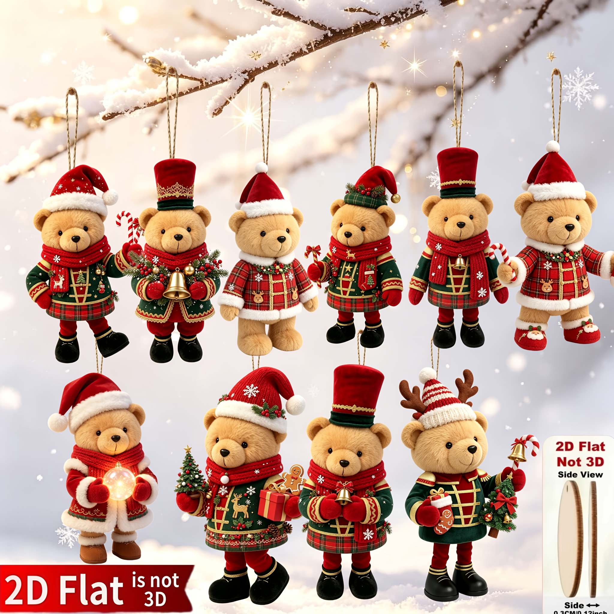 TEMU Set da 10 pezzi di adorabili ornamenti natalizi in legno a forma di orsetto 2D con abiti , adatti per alberi, casa, feste e regali di Natale -