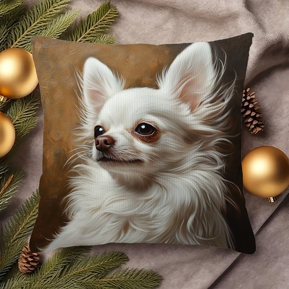 

1pc Bohemian Style Long Haired Chihuahua Plush Pillow Cover, Double-sided Print, Machine Washable, Zipper Closure, Woven Polyester, 18x18 Inches For Home Decor