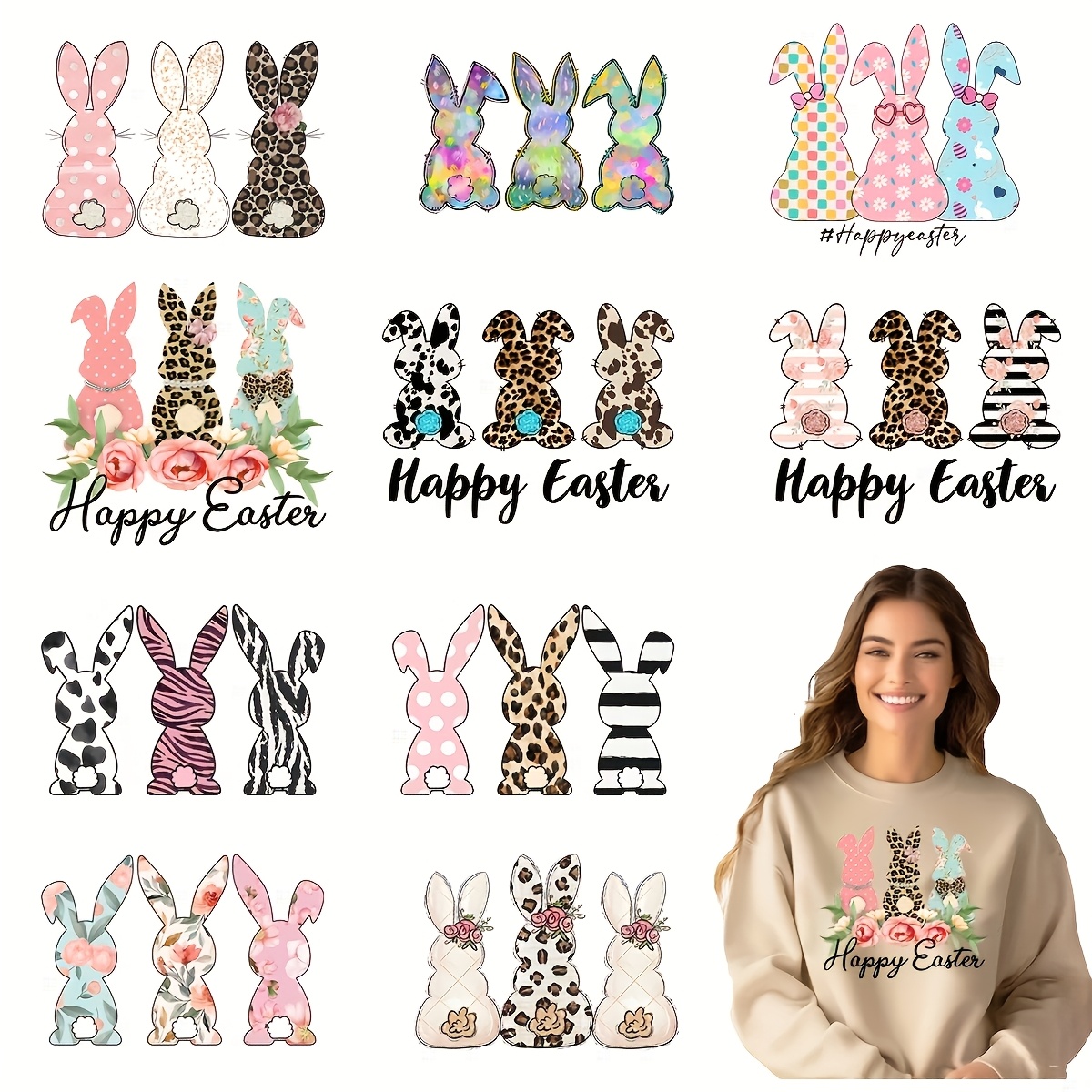 

12pcs Easter Bunny Diy Iron-on Transfer Stickers - & Washable Vinyl Decals For Customizing T-shirts, Masks, Jeans, Backpacks | Featuring Leopard, Zebra, Floral Patterns & More