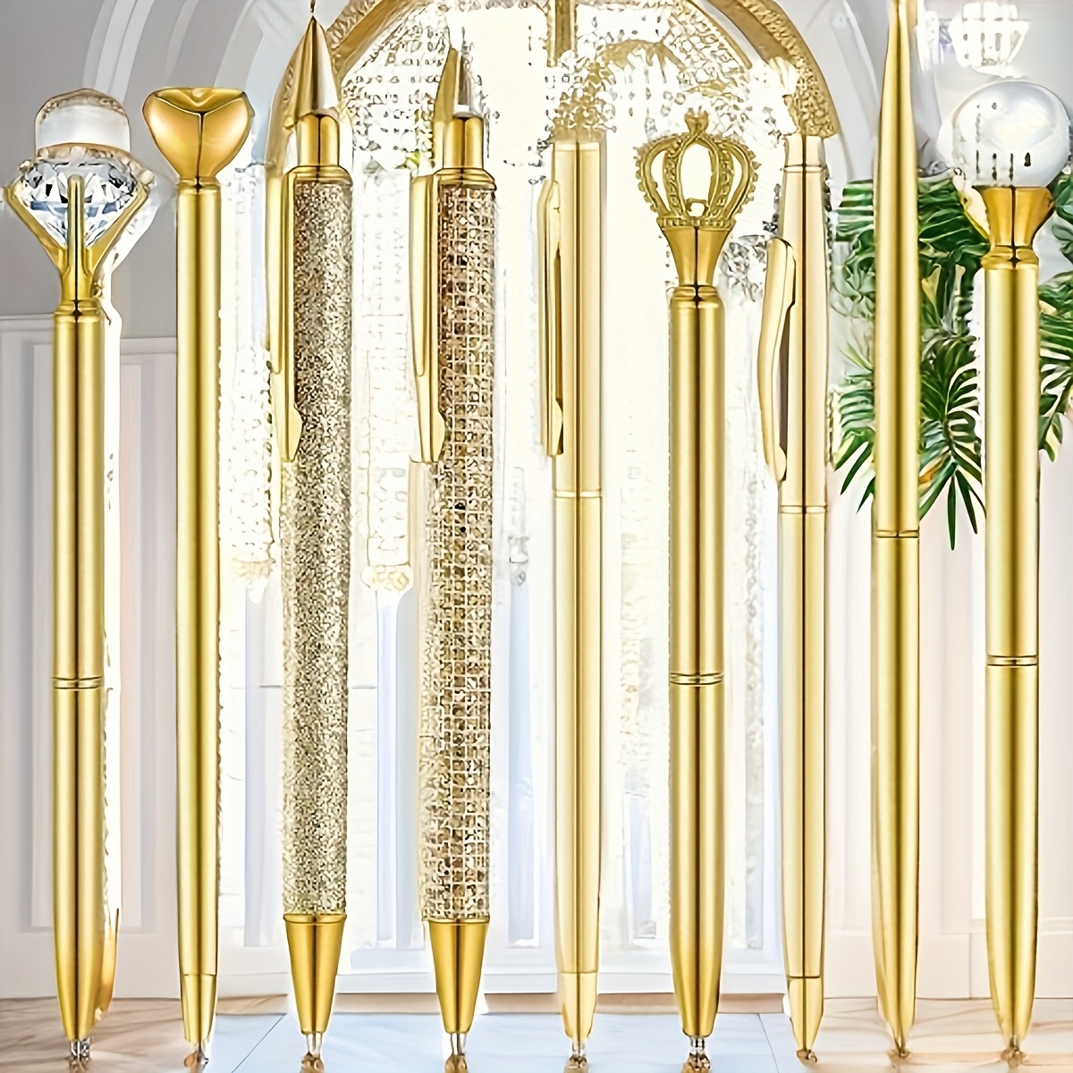 Image of 9 Golden Ballpoint Pens, Signature Pens, Metal Crystal Pens, Diamond Pens, Black Ink Writing - Suitable For Business, Office, Weddings, And Fine Writing