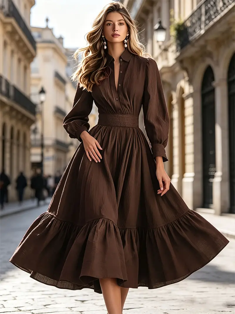 western flared dress for women Wandoria Women's Spring/Summer Western Bohemian Style Casual Shirred Waist Cinched Criss-Cross Twisted Back Dropped Shoulder Flared Sleeve Midi Dress